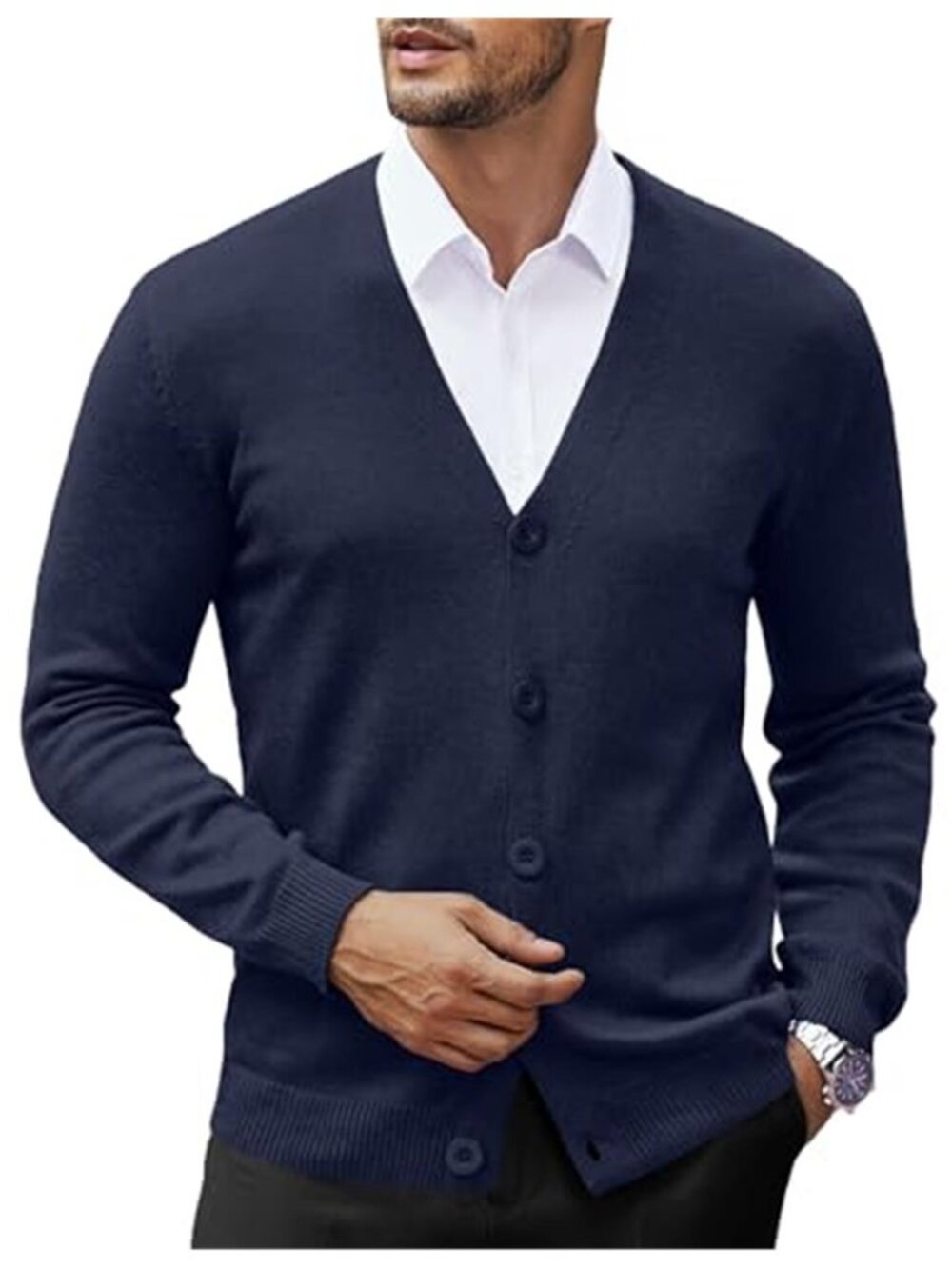 Men V Neck Cardigan Sweater Lightweight Button Down Slim Fit Navy Blue Knit